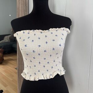 H&M Cream and Blue Smocked Ruffled Crop Top